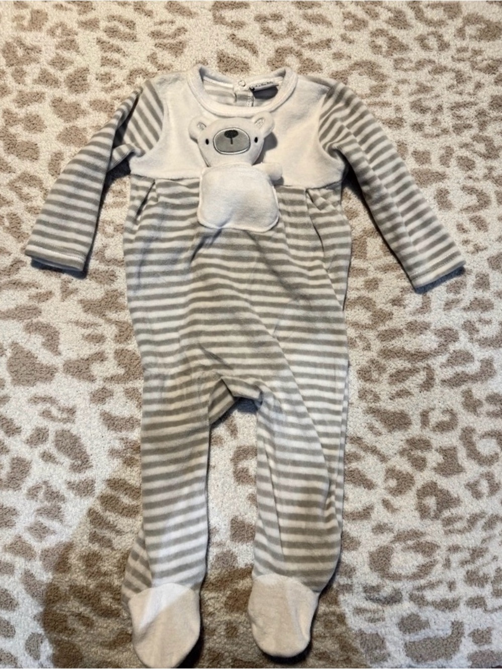 Rock a Bye Baby Boutique Gray Striped Kids One Piece with Removable Bear.